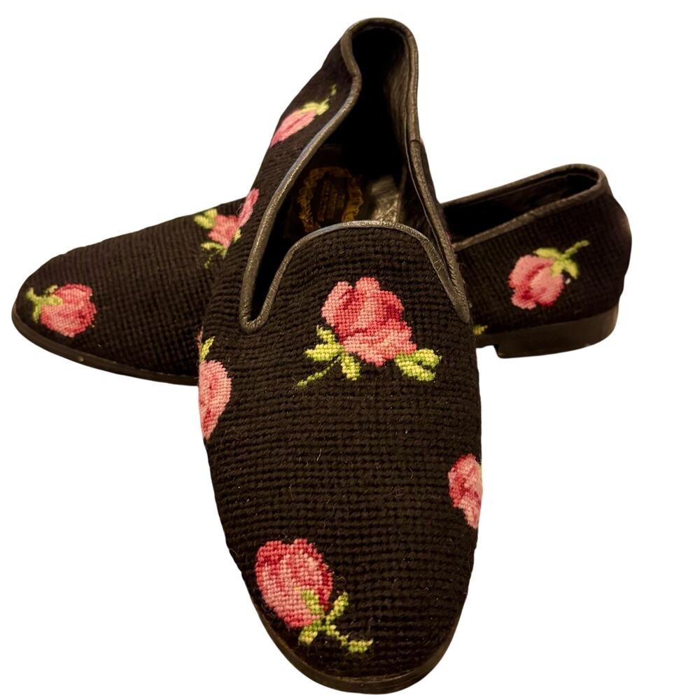 VTG Floral Needlepoint Loafers Rose Tapestry Smoking Slipper Grandmacore 10